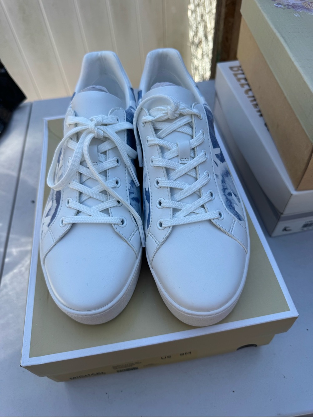 Michael Kors White Leather Sneakers with Blue Tie-Dye Side Panels